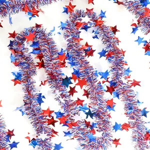 50Ft Metallic Glitter Stars 4th of July Garland Decorations,USA 250th Anniversary Patriotic Independence Memorial Day Decor for Tree Mantle Yard Door Parade Car Table Indoor Outdoor Holiday Party