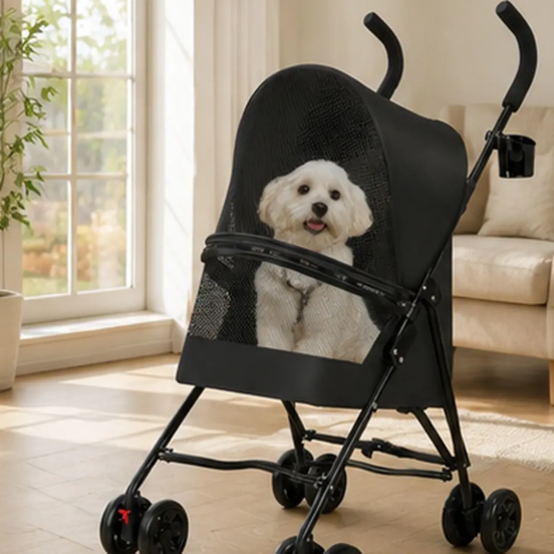ARCH Casual Pet Stroller for Small Dogs/Cats - 7.10 lb Lightweight Foldable, Built-in Cup Holder, Mesh Ventilation, Safe Enclosed Space, Sleek Black Plastic Frame, Easy Storage, 21.6x17.7x38.2in, Ideal for Park Walks, Vet Visits