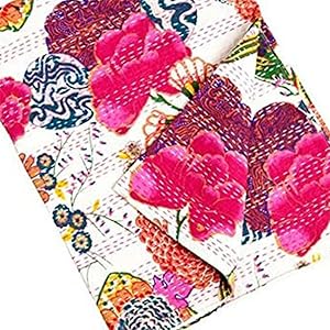 Indian Floral Print Twin Cotton Kantha Throw Blanket Bedspread Throw Gudari