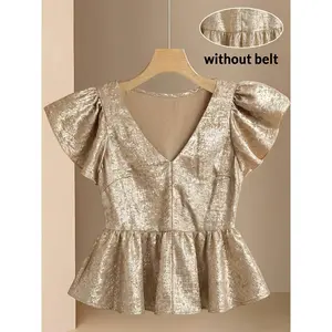 YTD Women's Elegant Golden V-Neck Short Sleeve Blouse Top - Asymmetrical Ruched Sleeve Shirt, Non-Stretch Suitable for Spring Summer Fall, Machine Washable Solid Color Blouse for Casual & Dressy Wear