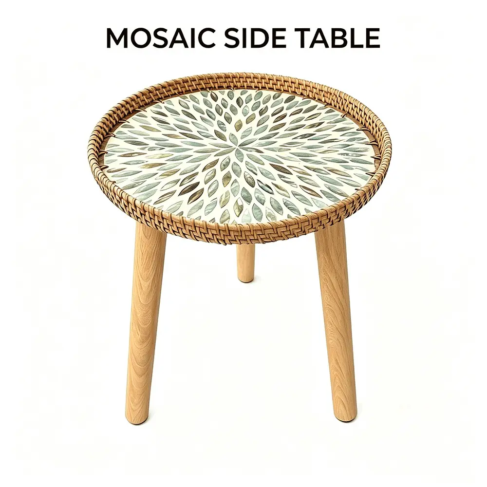 Vintage Rustic Shell Mosaic Wicker Round Side Table, Solid Wood Three-Legged Stable Small Tea Table, Living Room Bedroom Balcony Entryway Decorative Side Table, Coffee Tea Table