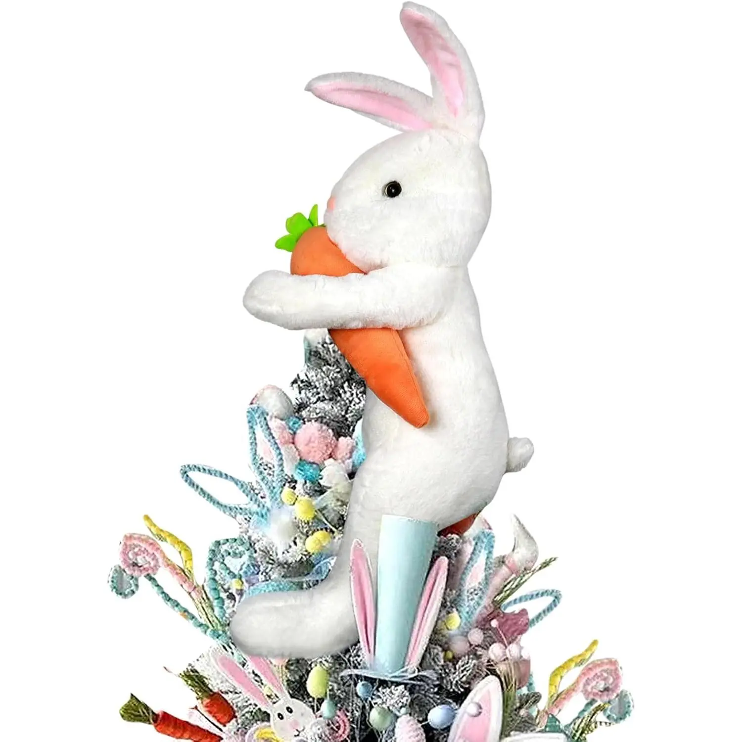 Easter Bunny Tree Topper Decorations,Spring Plush  Hugged Carrot for Tree Basket Stuffers Holiday  Party Supplies Decor White