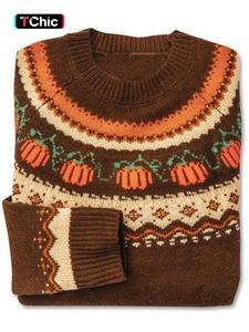 women's casual round neck pumpkin jacquard sweater for halloween, fitted knit pullover for fall & winter, comfortable and stylish