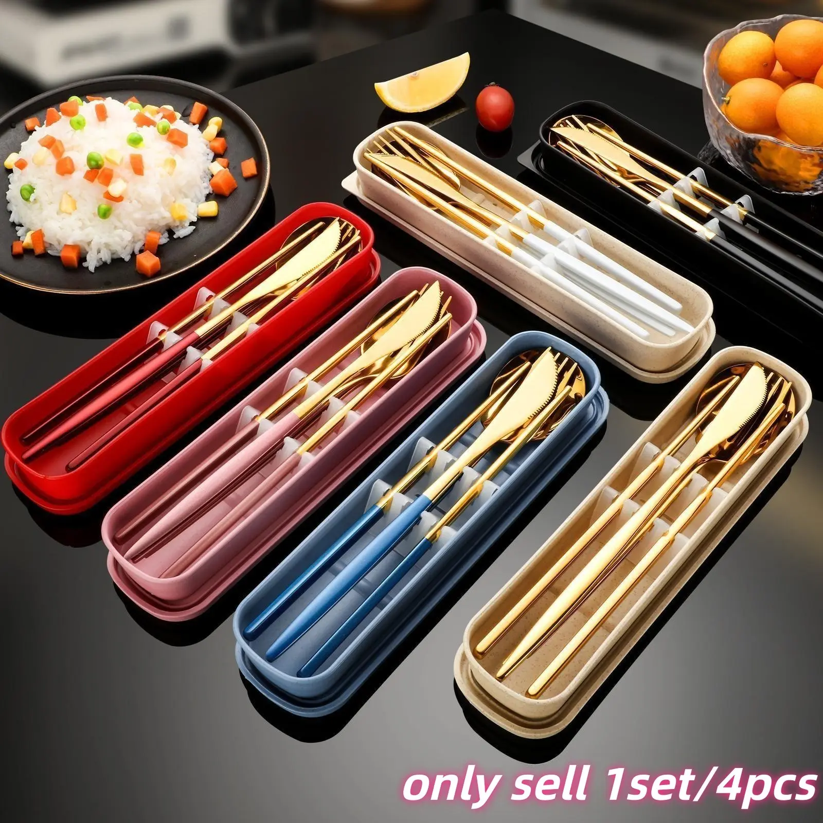 4-Piece Stainless Steel Cutlery Set with Storage Box, Reusable Portable Dining Utensils for Home Office School Camping Travel