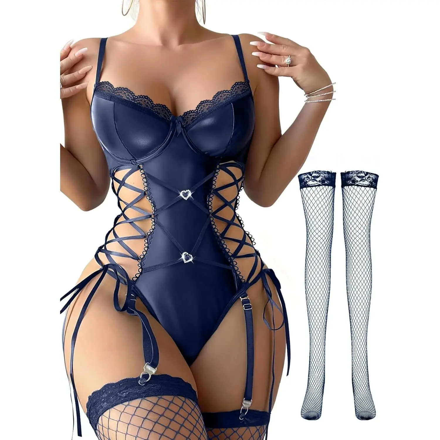 Women's Wardrobe  Lilosy Sexy Floral Lace Up Belt Garter Underwire Teddy Bodysuit Lingerie Set