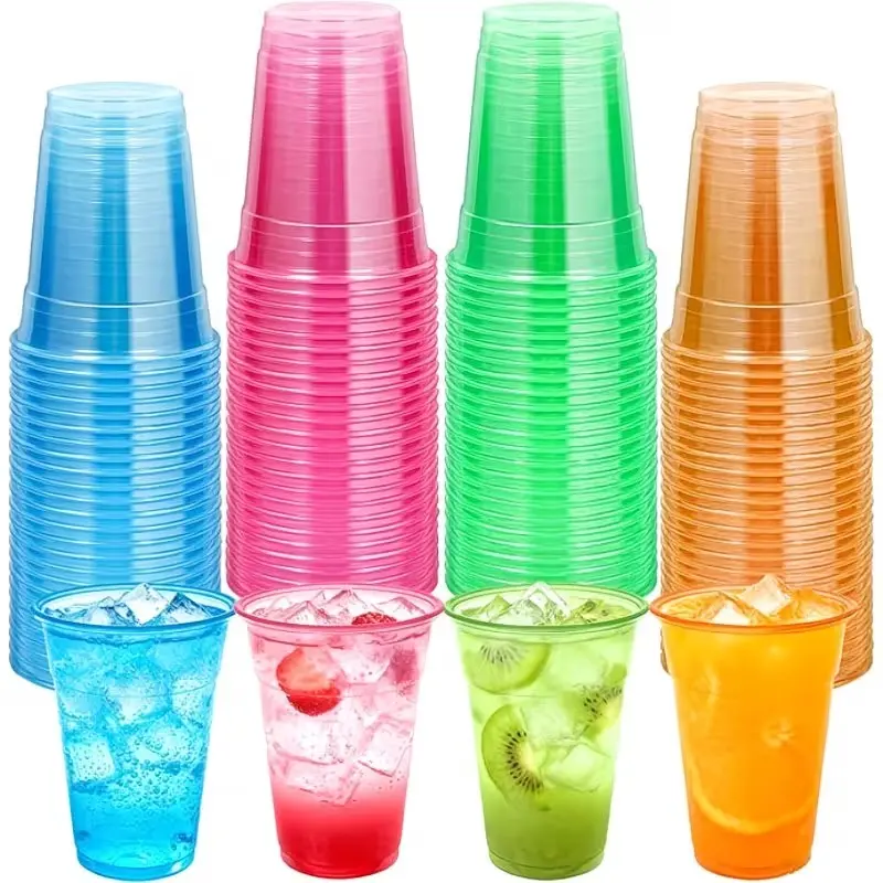 50 Pcs Neon Plastic Cups, Disposable Cups, 12oz Fluorescent Cups for UV Light Parties, Colorful Glow Cups for Halloween Christmas Thanksgiving
