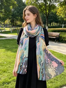 High-Quality 100% Viscose Geometric Print Scarf, Elegant Long Wrap Shawl, All-Season Warm Fashion Accessory, Ethnic Style Headscarf