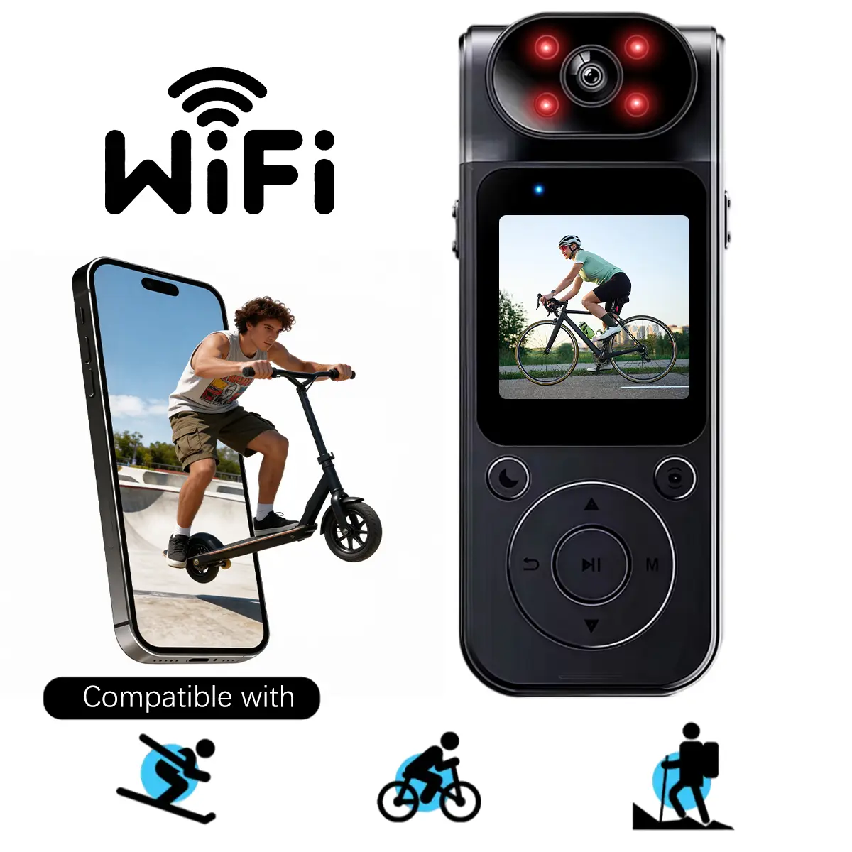 Magnetic Action Camera with 1080P HD recording, built in preview screen & IR night vision, WiFi APP real-time view, 180° rotatable lens, ideal for cycling, hiking and all outdoor adventures