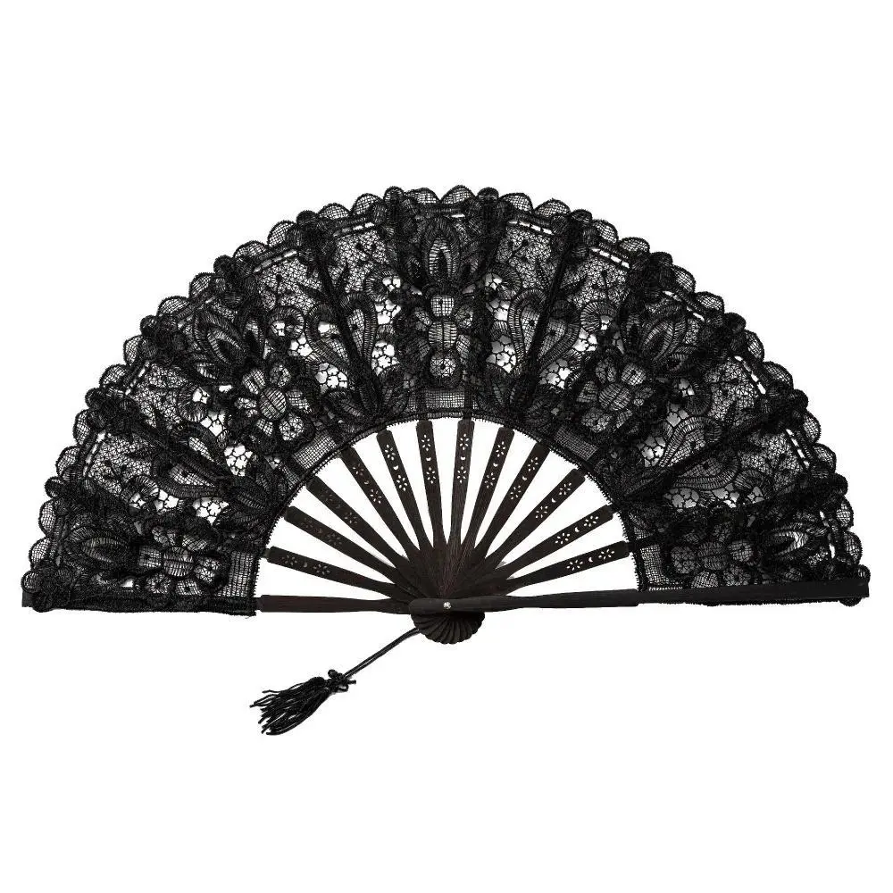 Lace Vintage Lace Hand Fan Hollow Ribs Tassel Pendant Embroidered Folding Fan Handheld 27cm Size Dance Handheld Fan Photo Props