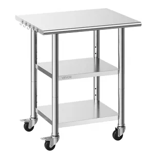 VEVOR Stainless Steel Work Table, 24x30in Adjustable 3-Tier Organiser Workstation with Shelves & Wheels, Heavy-Duty Commercial Kitchen Utility Table for Restaurant Home Use