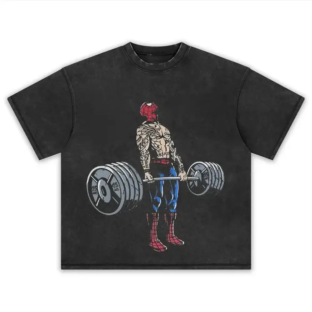 Retro Gym‑Inspired Crew Neck T‑Shirt, Acid‑Washed Weightlifting Cartoon Hero Character Printed Top, Trendy Fitness Fan Streetwear, Coordinate With Trucker Hat And Chain Accessories