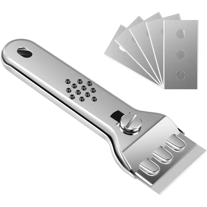 Scraper with 5 Extra Blades, Multi-purpose Blade Scraper Tool Anti-Slip Handle for Cleaning Glass Cooktop, Window, Decals, Stickers, Labels, Caulk, Adhesive, Paint Glue Removal