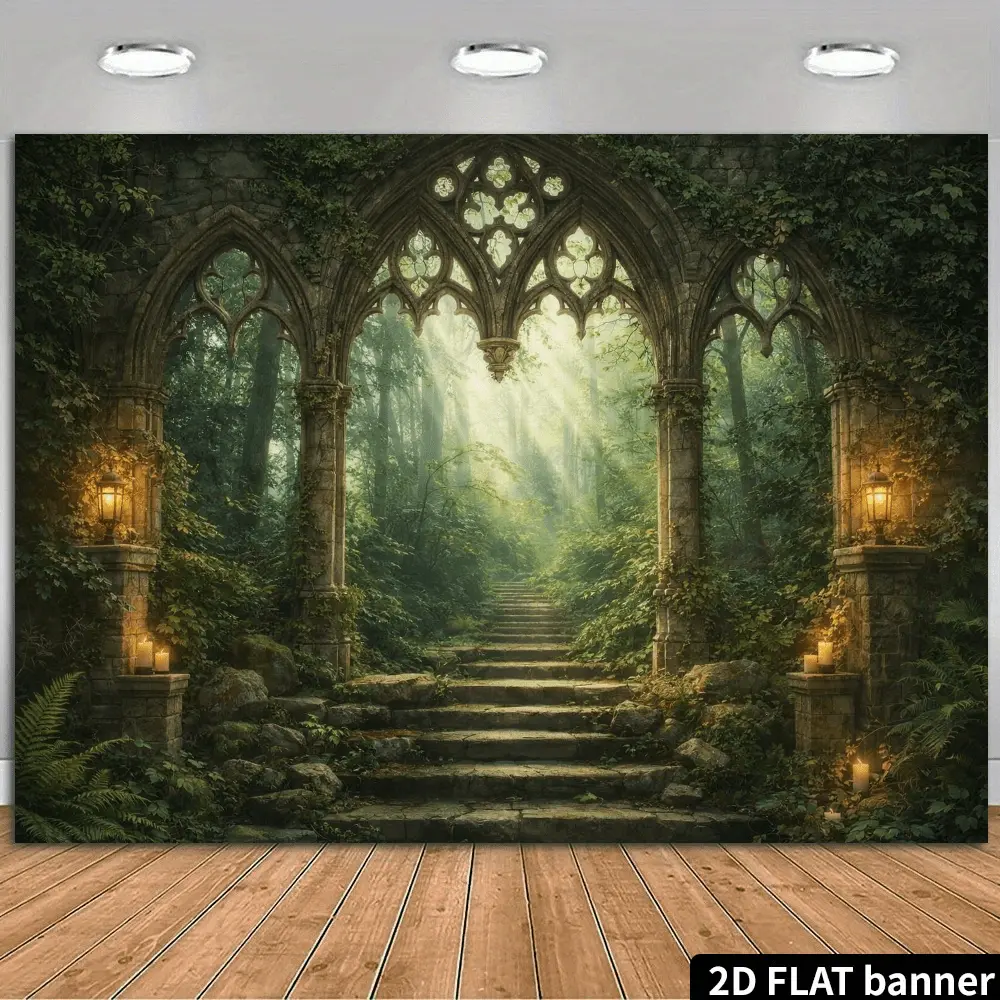2D Flat Banner HD digitally printed polyester photography backdrop, soft lightweight foldable background cloth with vintage gothic arched overgrown forest pattern, suitable for indoor and occasional outdoor use, portrait shooting,