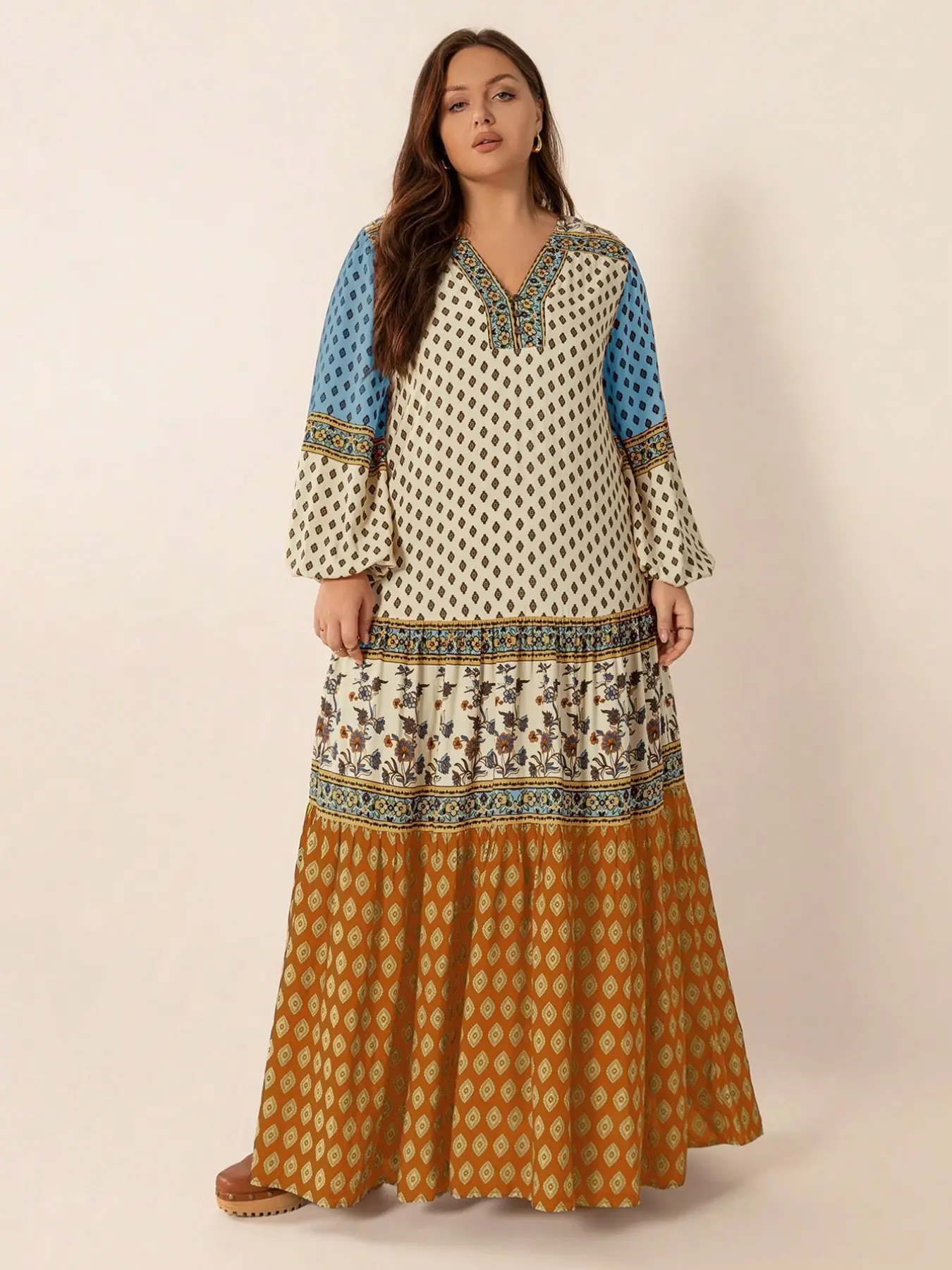 Plus Size Boho Print V-Neck Long Dress, Floral Patchwork Design, Perfect for Vacation and New Year Party, Women's Fashion