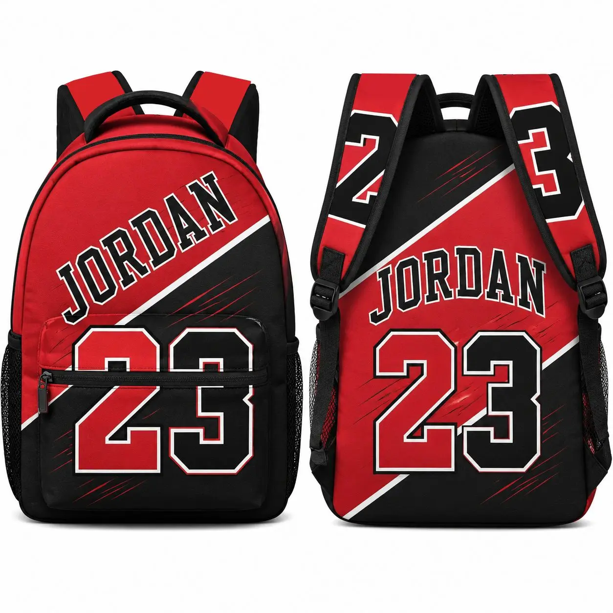 Red Black Number 23 Basketball Backpack for Kids Teens, Varsity Jersey Style School Bookbag with Front Zipper Pocket, Dual Mesh Side Pockets and Top Handle, Sporty Student Daypack for Boys Girls, Back to School, Classroom, Travel and Everyday Use