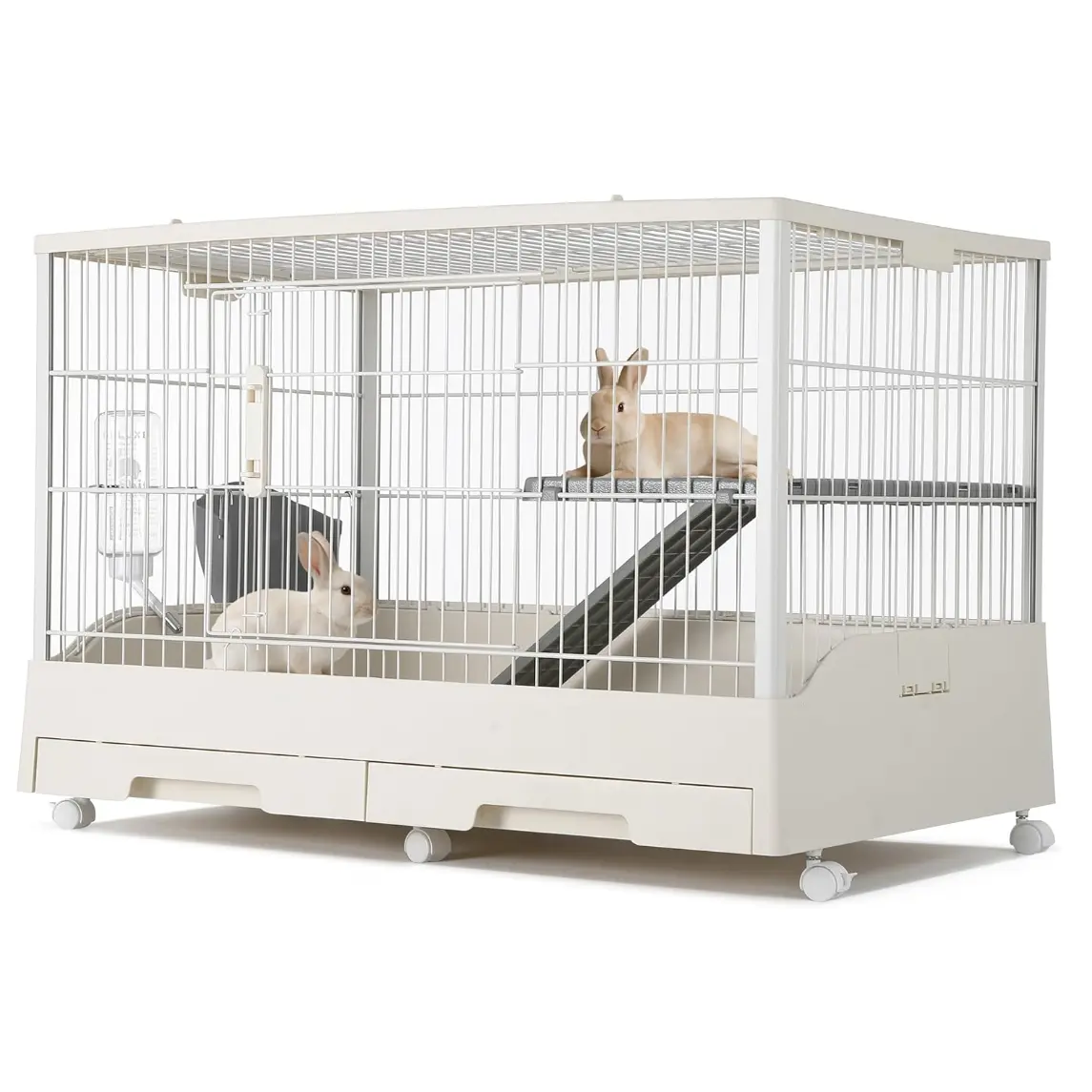 Small Animal Cage – 33"×22"×26", 2 Removable Trays & Ramp – 6 Casters, Water/Hay Feeder – for Rabbits/Guinea Pigs
