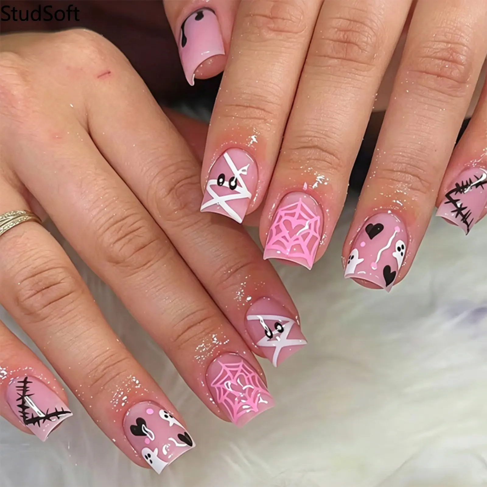 24Pcs Handmade Halloween Press On Nails Square Fake Nails Pink Spider Web Ghost False Nails Gothic Wearable Nails Art Tips for Women Girls