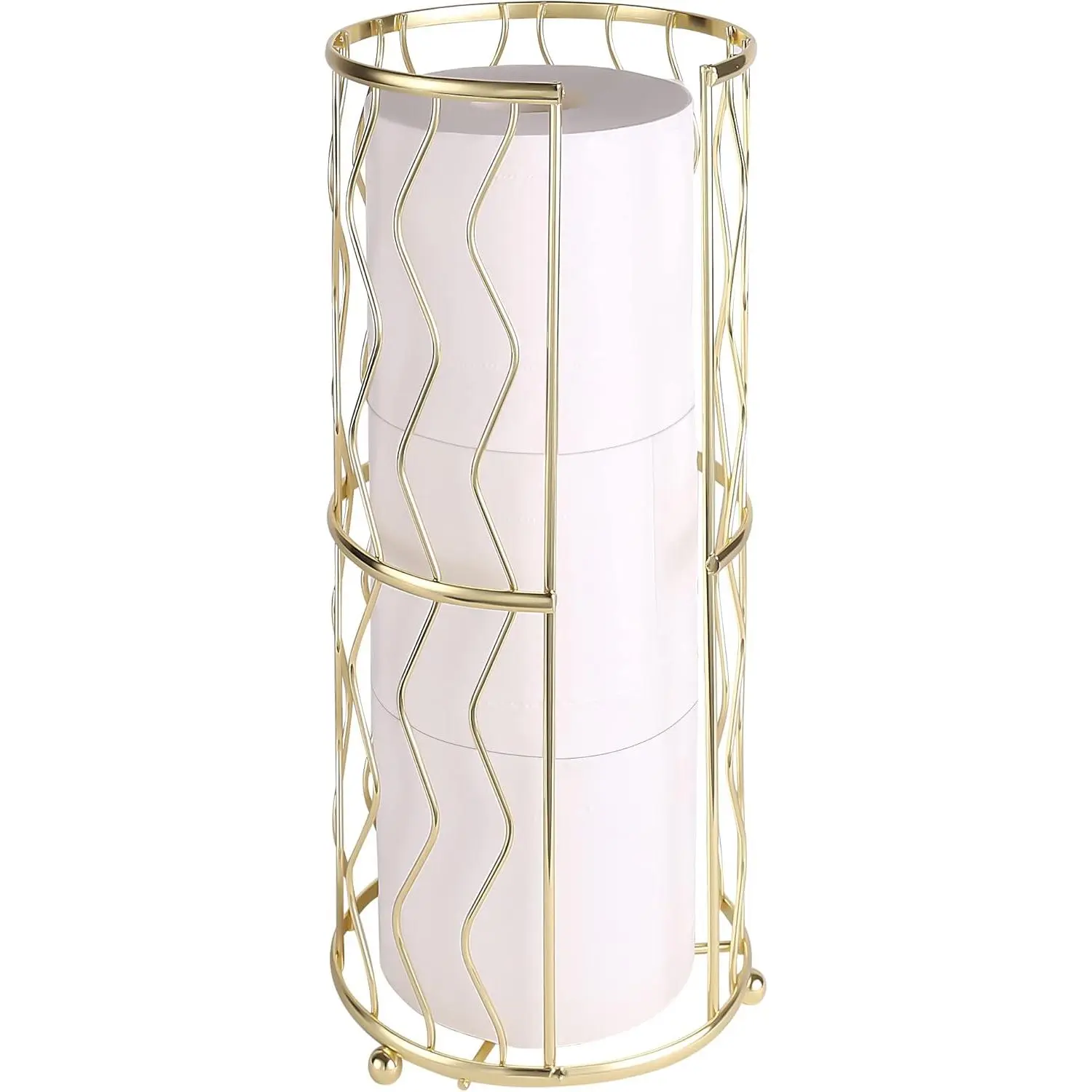 Gold Decorative Steel Wire Toilet Tissue Dispenser - Standing Guest Bathroom Holder, 3-Roll Compact Reserve, Cutaway Front, Raised Base, Durable, Saves Storage Space, Fits Clean Dry Rolls, Easy Clean with Damp Cloth, Reliable After-Sales Service