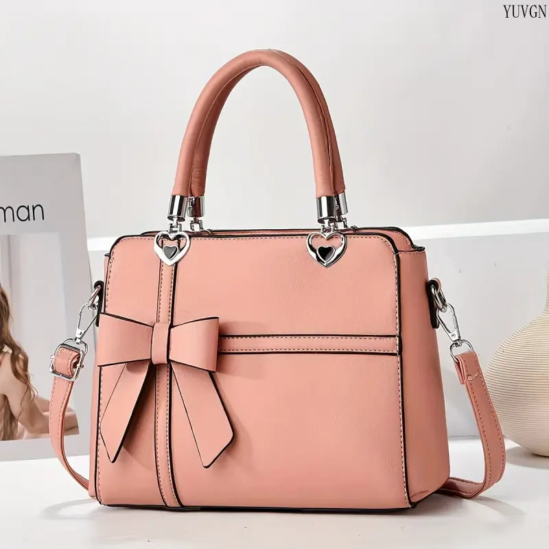 Women's Solid Satchel Handbag - Elegant Top Handle Gym Purse with Bow Accent, Heart Hardware, Adjustable Crossbody Strap for Work (Sports & Outdoor Accessory), Adjustable Strap, Crossbody Shoulder Purse, Elegant Fashion Handbag, Work Use