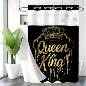 LVRLVR 1pc Luxury Black Gold King Queen Crown Shower Curtain, Drip Foil Letter Print, Sheer Top Window, Detachable Liner & No Hook C-Ring, 70.8" x 74"