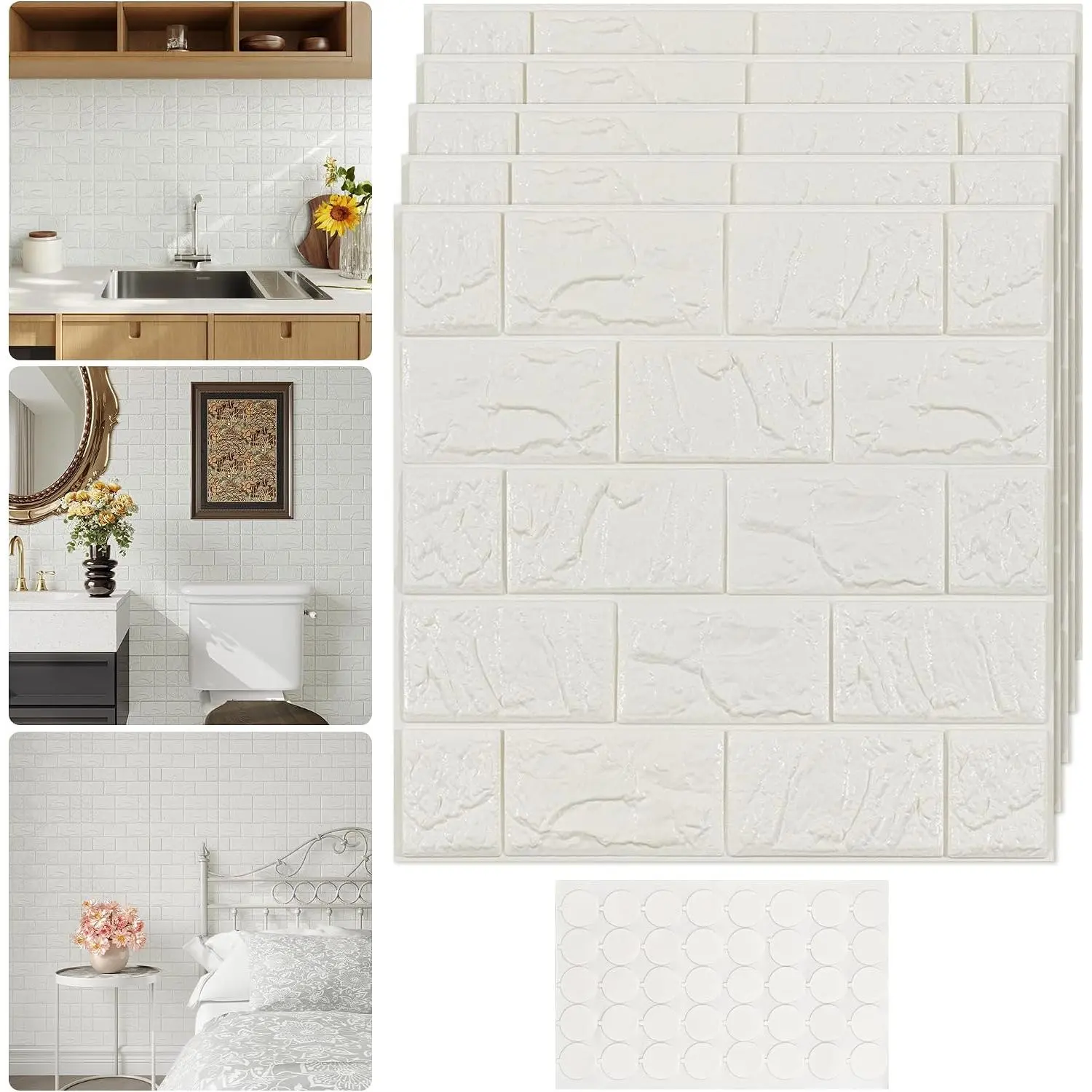 White Brick Wall Panels Peel and Stick - Faux Stone Brick Stick  Kitchen Backsplash - Sound Proof  Walls Panel -  Brick Covering Paneling for Bathroom 10 count 11.8 x 11.8 in