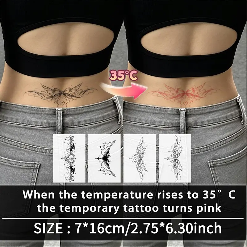 Thermal Color-Changing Butterfly Heart Bat Wings Temporary Tattoos, Body Fake Tattoos, Tattoos Stickers, Waterproof, Reusable, Suitable for Waist, Abdomen, Chest, Back, Legs