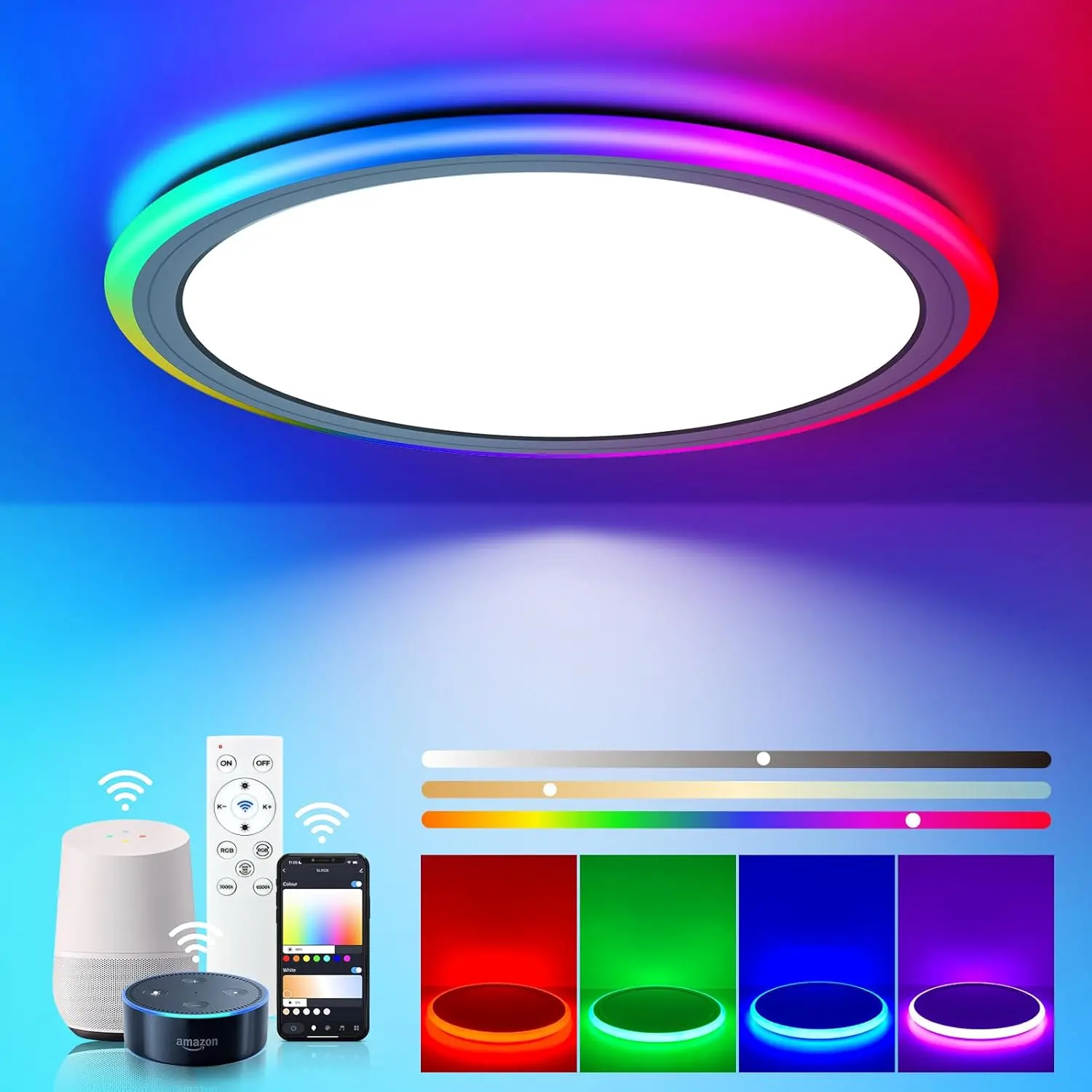 Smart RGB LED Flush Mount Ceiling Light with Remote, 13 Inch 24W Dimmable Color Changing Low Profile Wired White Fixture, Works with Alexa Google Home App for Bedroom Living Kids Room Party
