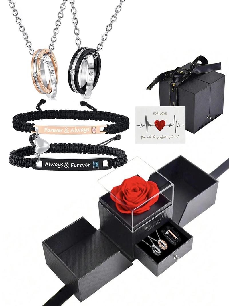 Valentine's Day Couple Jewelry Set with Rose Box, Including Rhinestones Decor Pendant Necklace & Heart Charm Bracelet, Adjustable Jewelry Set for Men & Women, Gift for Couple, Jewellery Gift Set, Mother's Day Gifts, Gift Set for Mothers, Gifts for Her