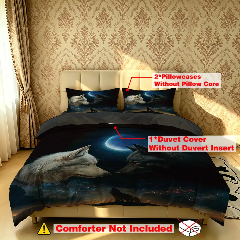 The 3-piece moonlit double wolf pattern bedding set includes one duvet cover and two pillowcases, without filling. It's soft and comfortable, suitable for single beds and double beds, and ideal for use in bedrooms, dormitories, and hotels.