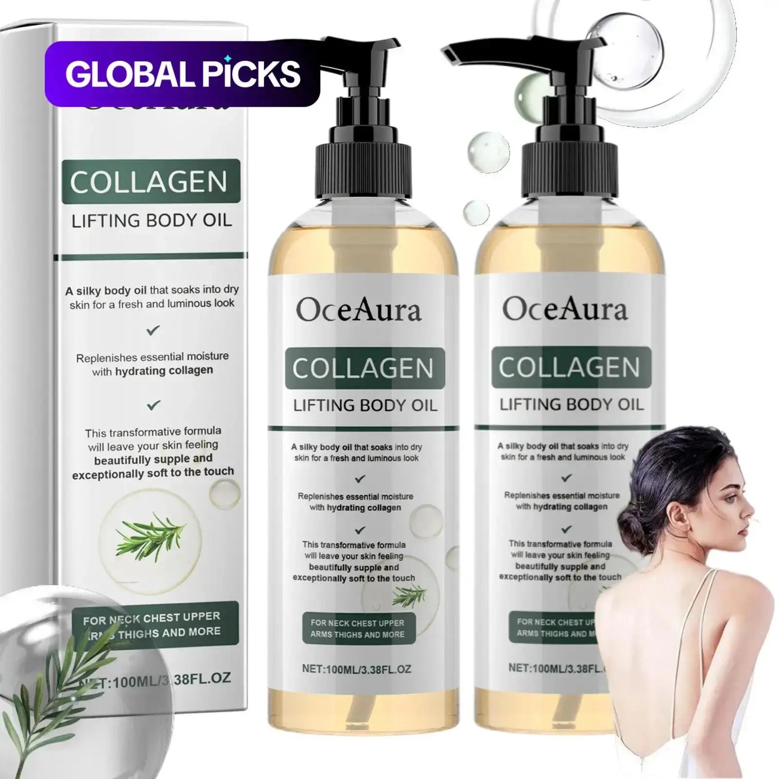 Collagen Lifting Body Oil, Hydrating Moisturizing Firming Oil, 2-Count Set of Lightweight Non-Greasy After-Shower Body Oil for Neck, Chest, Arms and Thighs, Unisex, Body Oil Moisture #GLOBAL PICKS