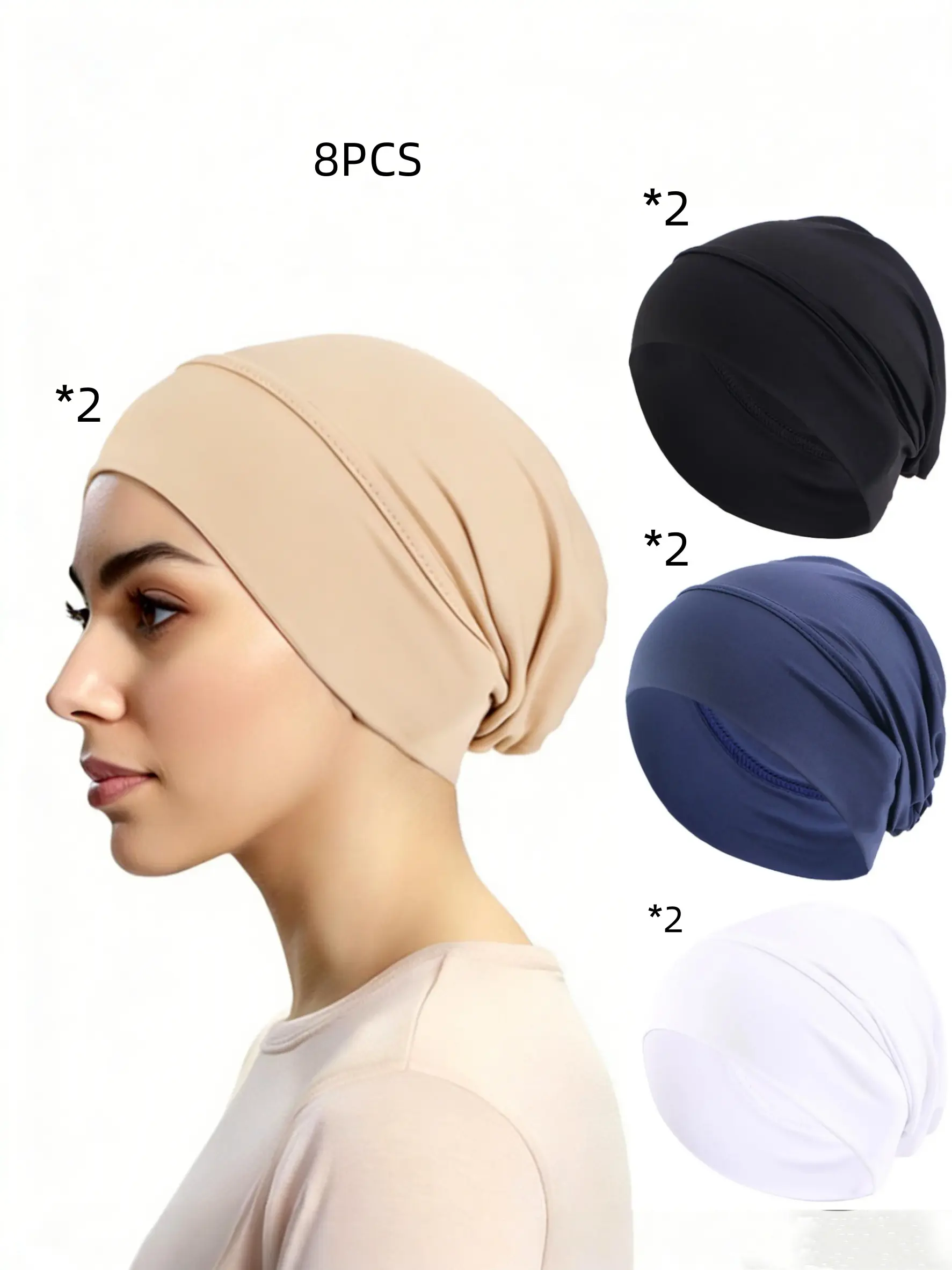 8pcs Solid Color Women Muslim Hijab Caps, Wrap Elastic Turban Bonnet, Chemo Cap Headdress, Casual Fitted Headscarf, All Seasons