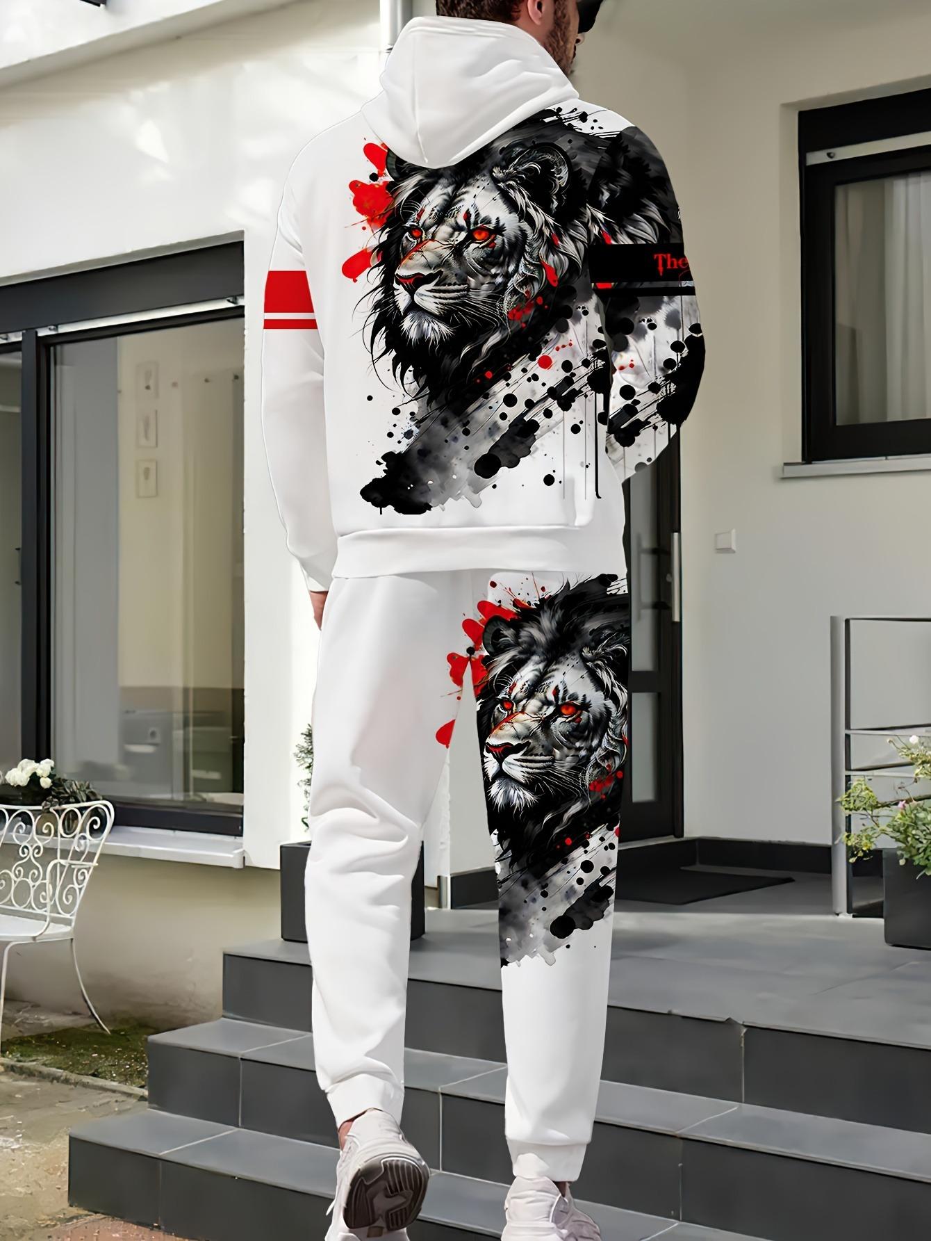 Men's casual 2-piece set, lion ink print hoodie and sweatpants, spring and autumn fashion outfit