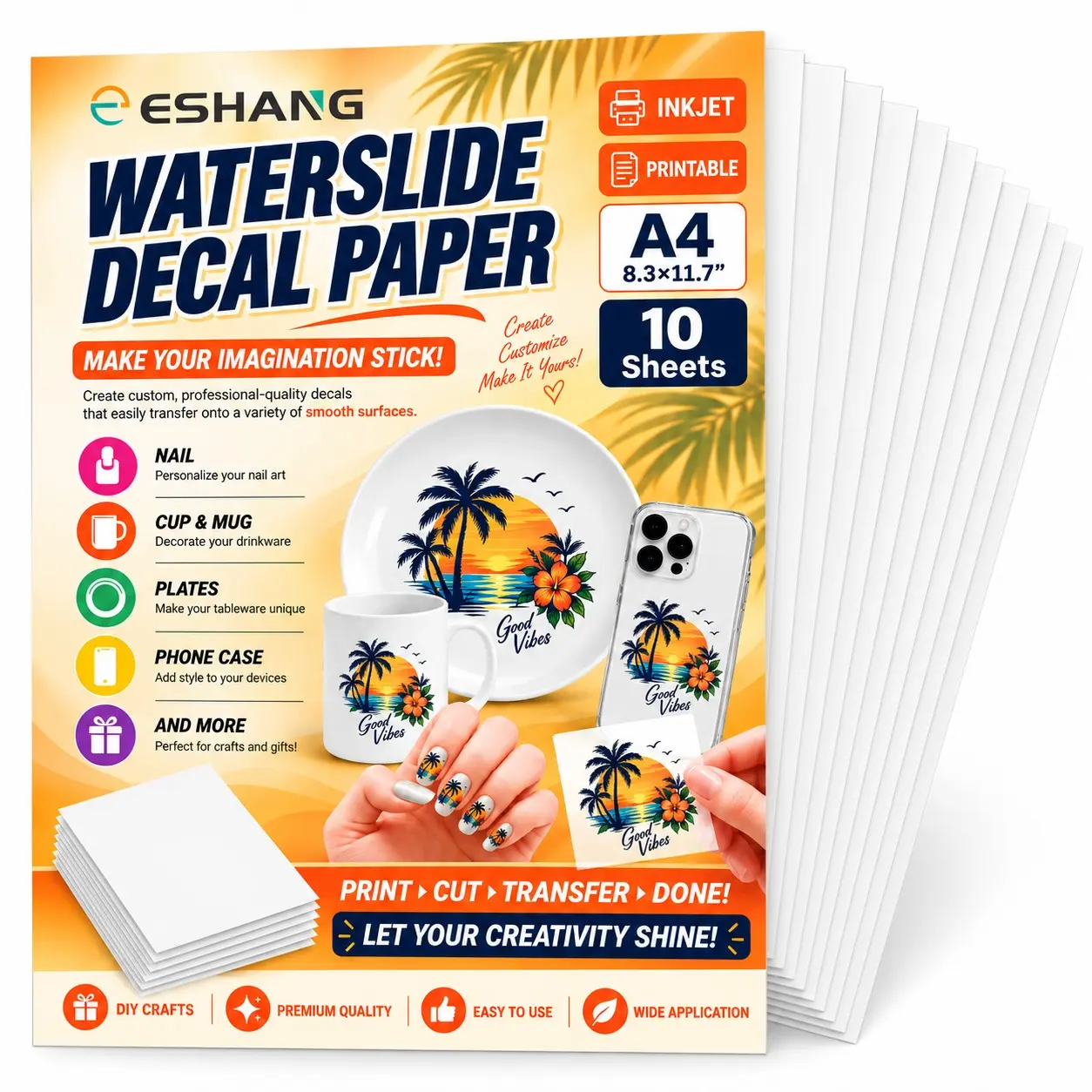 10 Sheets A4 Clear Waterslide Paper for Inkjet Printers, 21.08 X 29.72 cm Printable Water Slide Transfer Paper for Tumblers, Mugs, Glass, Ceramics, Nail Art And Crafts