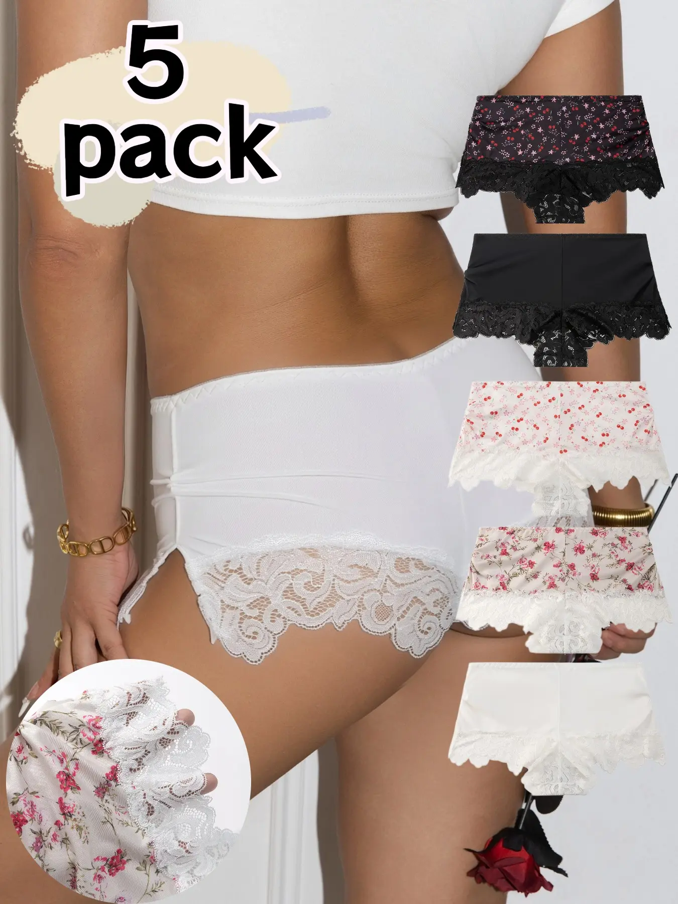 Lace Trim Mid-Waist Boyshorts, Sweet Floral Print, Breathable Seamless Underwear, Casual Slim Fit, 5 Pcs Set, All-Season Comfort