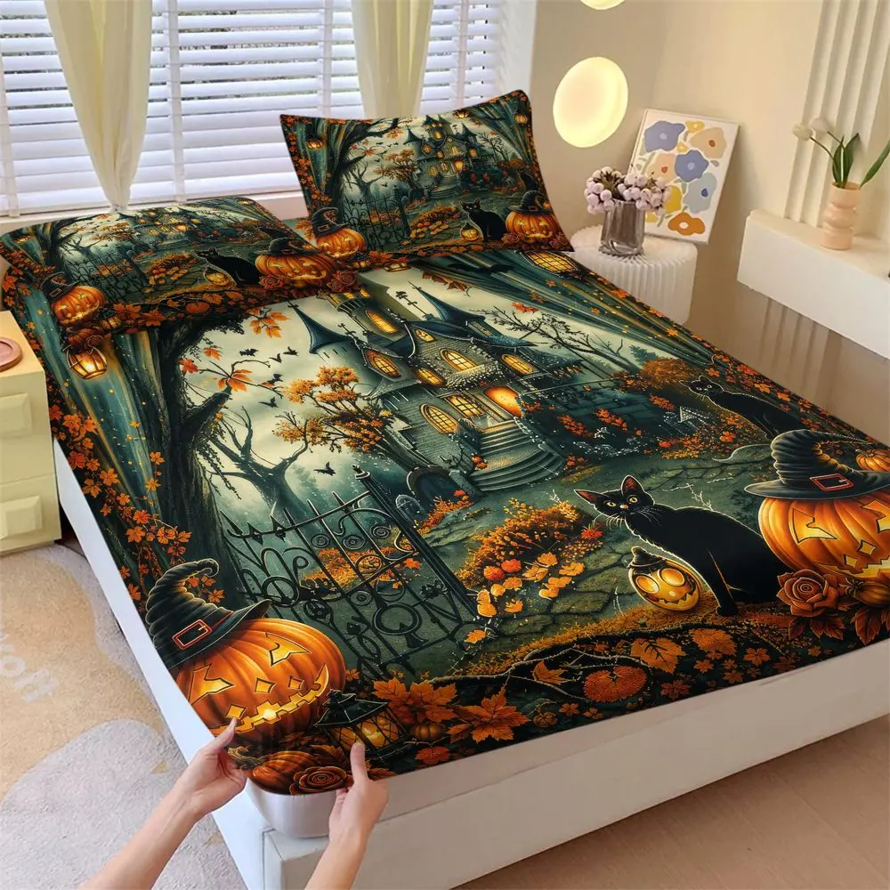 3Pcs Halloween Fitted Sheet Set, Spooky Haunted Castle Pumpkin Black Cat Bed Sheets Set, Soft Microfiber Bedding Set for Fall Holiday Bedroom Decor, 4-Piece Twin Queen King No Fillers