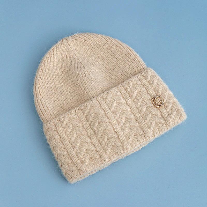 New Style Simple Chic Winter Hat G Letter Decor Rabbit Fur Beanie Elegant Winter Hats For Women Candy Colors Warm Knit Hats