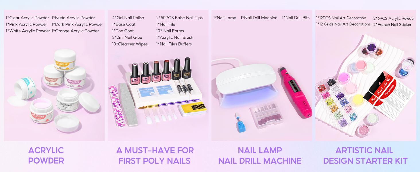 Acrylic Nail Kit for Beginners with Drill and U V Light 6 Colors Acrylic Powder Clear Nude Pink 4PC Gel Polish 24PC Glitter Powders Rhinstones Nails Kit Set Gifts for Women