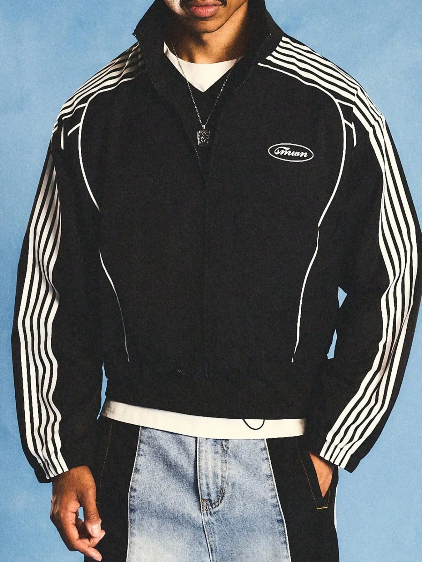 Men's Vintage Cropped Racing Jacket, Striped Zip‑Up Stand Collar Moto Outer Coat, Streetwear For Street Fashion, Racing Events, Racing Enthusiasts