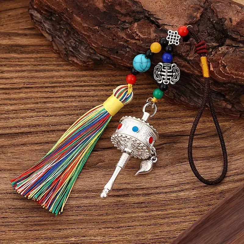 Tibetan Prayer Wheel Car Hanging Ornament - Handcrafted Spiritual Decor with Mantra, Buttery Fragrance, Exquisite Craftsmanship, Intricate Detailing, Positive Energy, Good Luck Symbol, High-Quality Gift for Car Interior Accessories