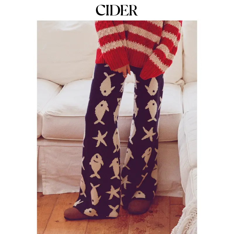 Cider Knit Fish Pattern Mid Rise Elastic Waist Wide Leg Trousers