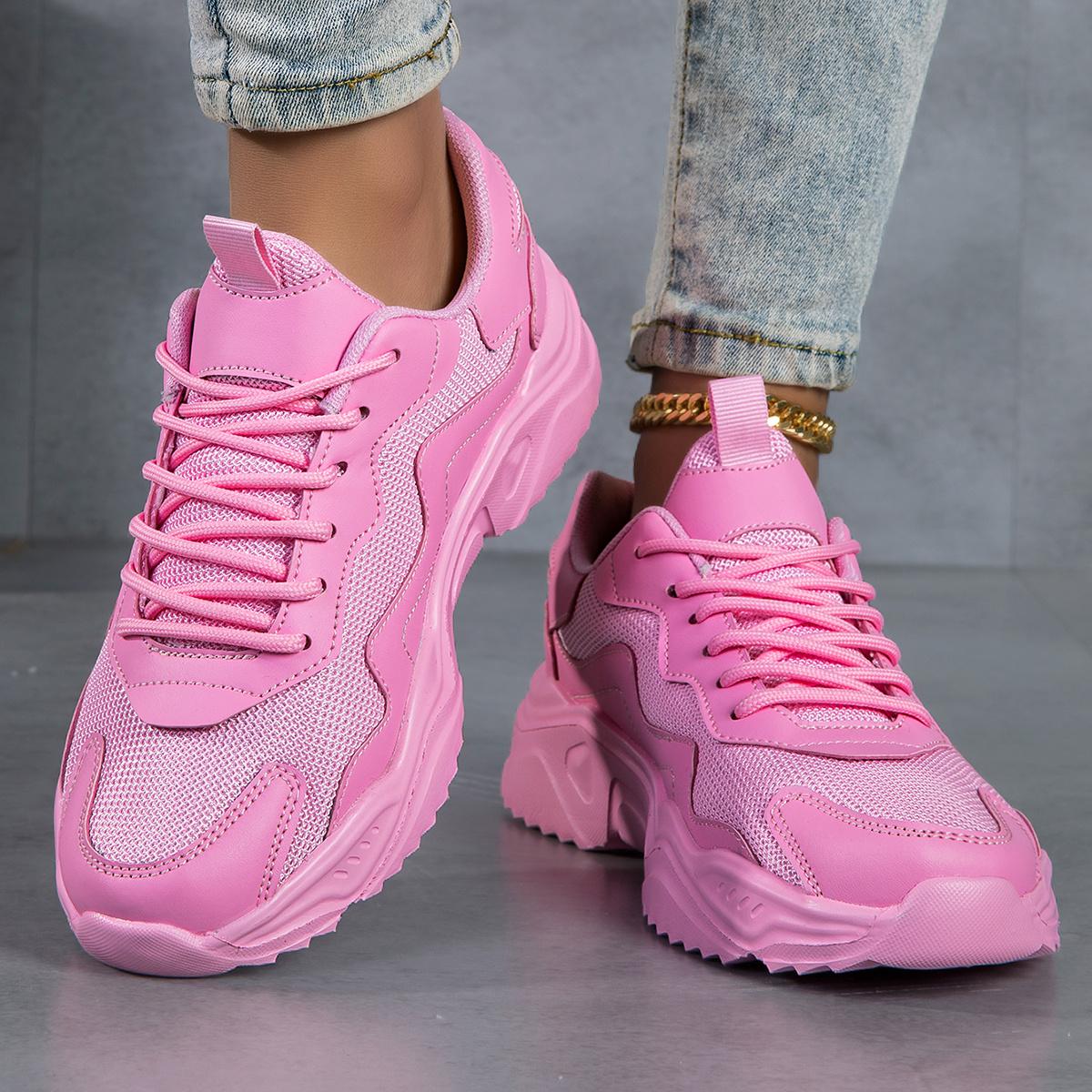 Women's Solid Color Casual Sneakers - Breathable Sneakers with Thick Sole, Low-top Lace-up Walking Shoes, EVA Sole, Fabric Lining - Cortable Ankle Sock Shoes for Fitness and Walking, Fashionable Shoes for All Seasons - For Women .