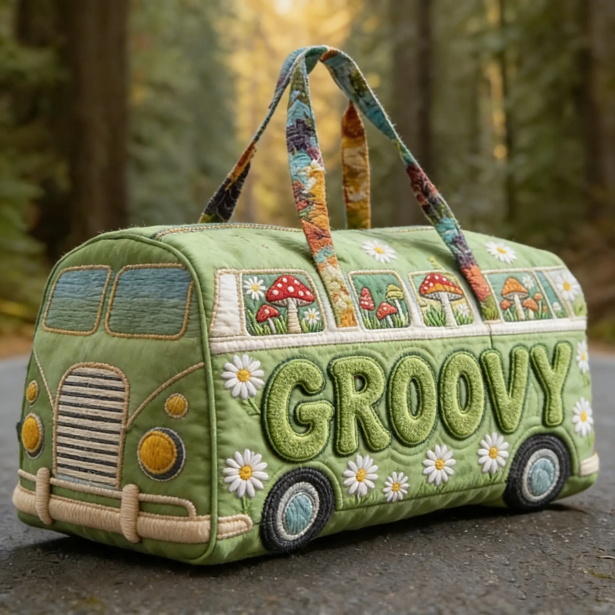 Boho Mushroom Van Weekender Bag - Large Capacity Quilted Duffel Travel Tote, Hippie Aesthetic Carry On Bag for Women, Gym Camping Vacation,summerwins,father'sdaygifts,campingessentials,campinggear