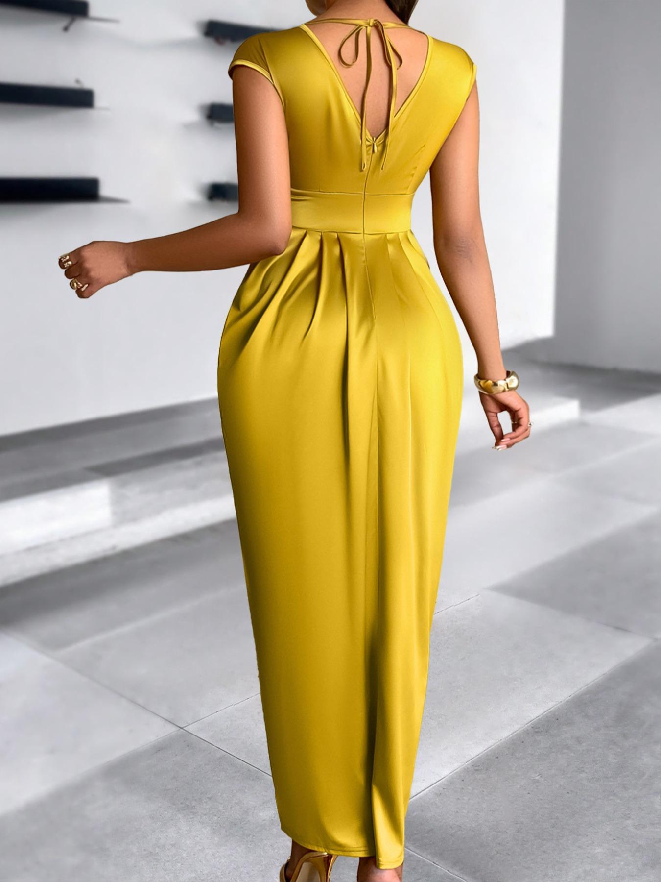 Women's Elegant Slim-Fit V-Neck Short Sleeve Woven Dress, Waist-Tapered Split Hem Long Dress, Fashionable All Season Wear