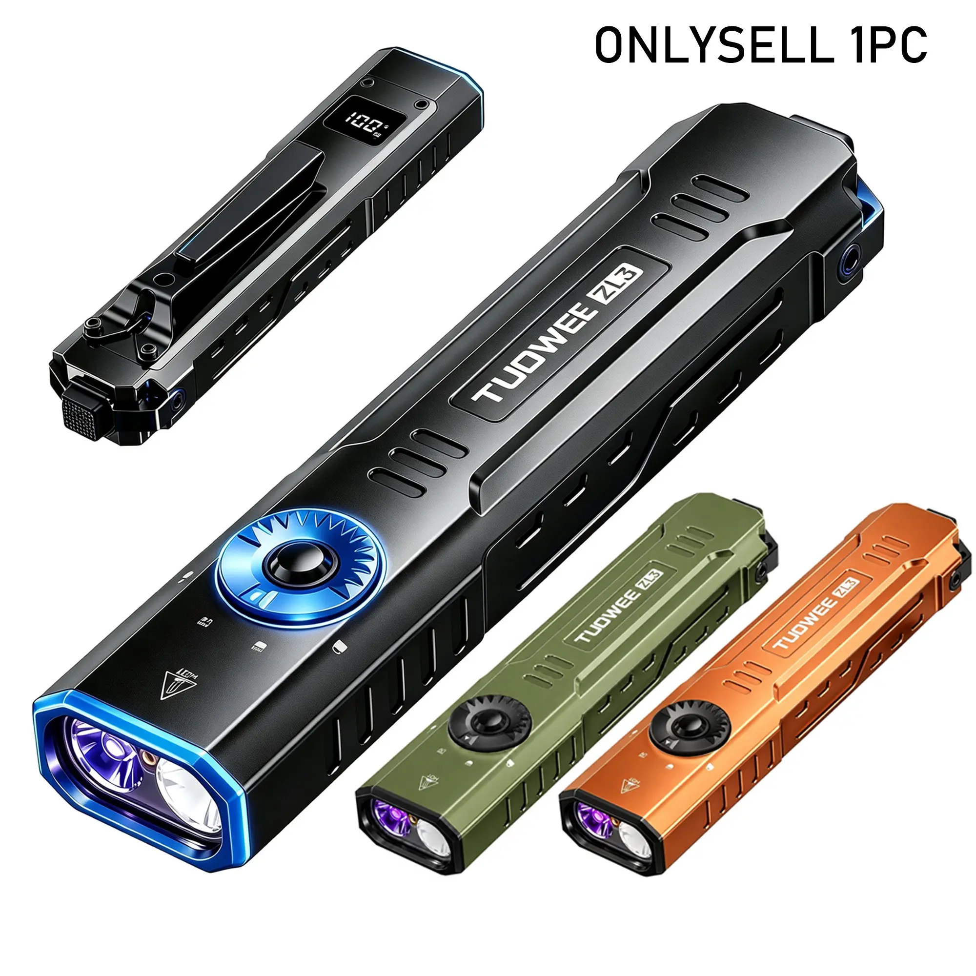 Tuowee Zl3 Rechargeable Tactical Flashlight, 1500 Lumen LED, 365nm UV, Beam, USB-C Charging, Drop Resistant, Hiking, Camping, Emergency, Rechargeable Outdoor Flashlight