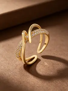2PCS Two Tone Couple Open Ring Set, 18K Gold Plated & Silver Intertwined Twist Band, Micro Pave Cubic Zirconia Adjustable Statement Rings, Hypoallergenic Tarnish Resistant Promise Wedding Matching Jewelry Gift For Him Her