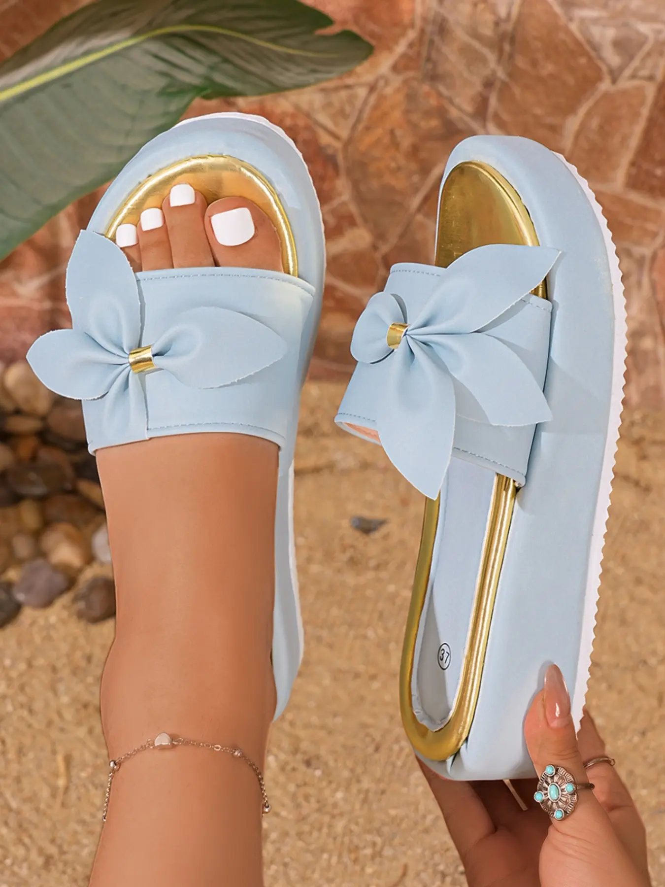 Light Blue Satin Butterfly Knot Thick Sole Sandals, Bowknot Design Slides, Metal Buckle Double Layer Bow, Lining, Wide Fit, Beach & Outdoor Wear, Butterfly Embellished Footwear