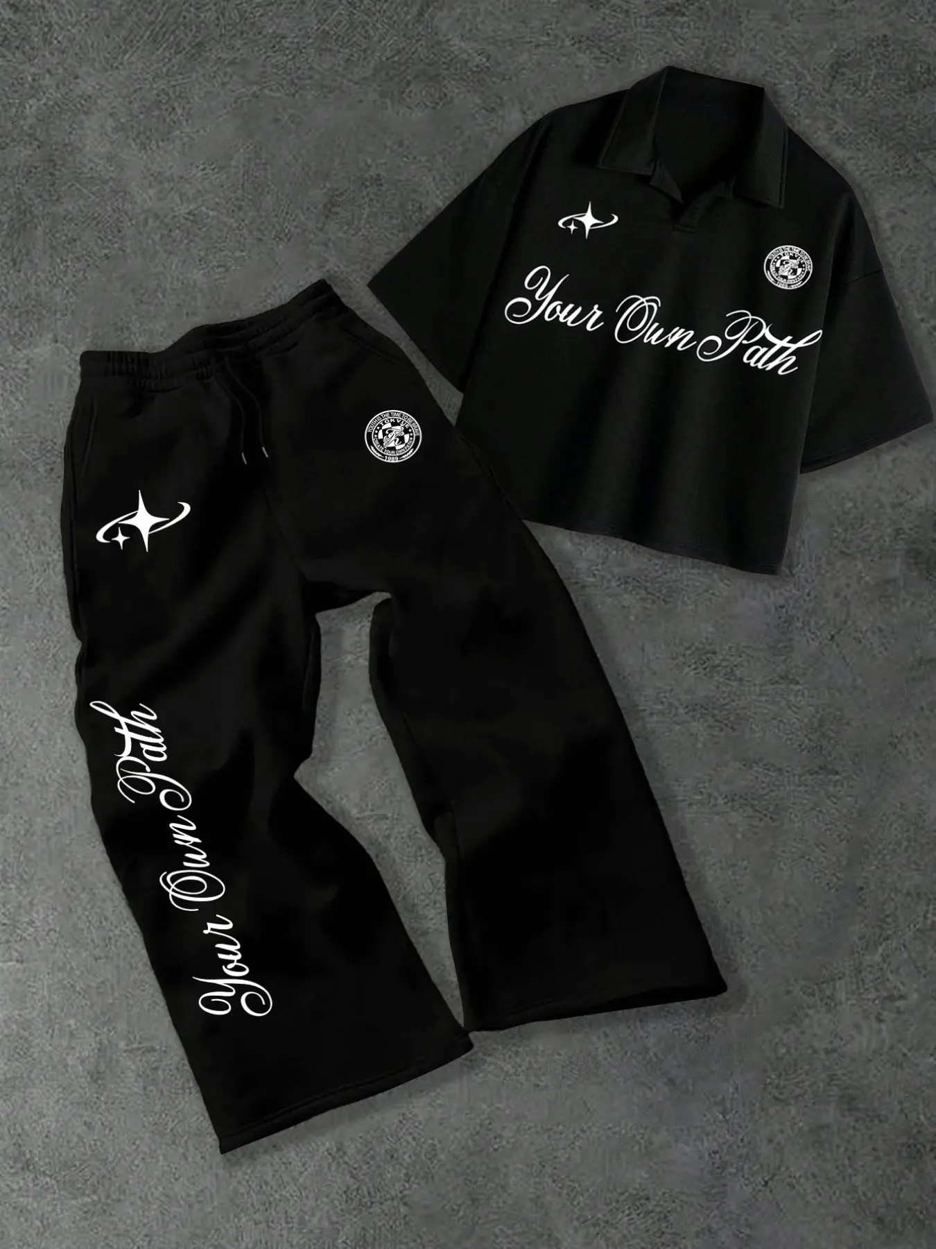 Men's Preppy Style 2-Piece Set, Black "Your Own Path" Slogan Print Polo Shirt & Casual Sweatpants, Streetwear Outfit