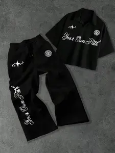 Men's Preppy Style 2-Piece Set, Black "Your Own Path" Slogan Print Polo Shirt & Casual Sweatpants, Streetwear Outfit