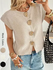 Women's Round Neck Button Front Cardigan Knit Vest Spring Summer Casual Everyday Loose Fit Solid Color Loose Fit Daily Wear Stylish Knit Top, Women Summer Tops, Summer Cardigan For Women