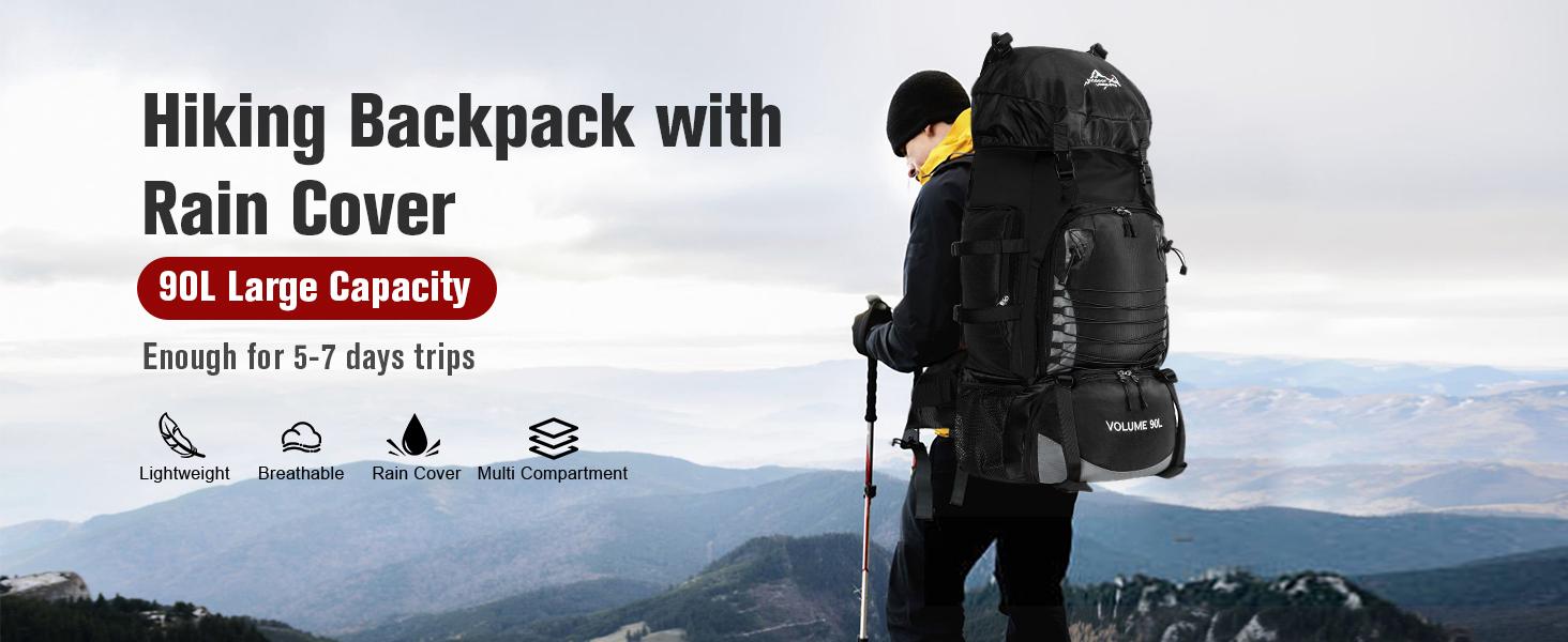 AGS 90L Hiking Backpack, Waterproof Camping Bag with Rain Cover, Lightweight Backpacking Back Pack